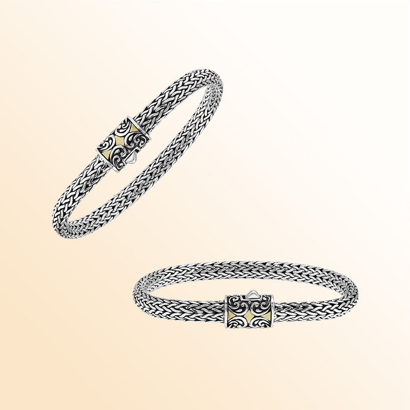 Handcrafted Sterling Silver & 18K Gold Bali Wheat Bracelet With Swirl Engraved Dual-Tone Artisan Clasp