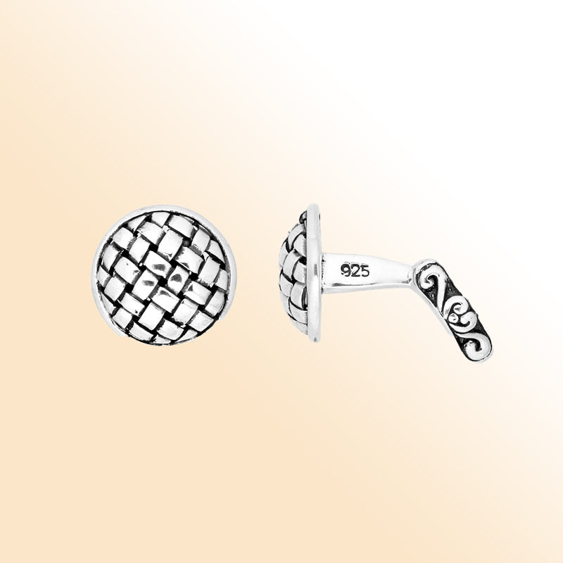Sterling Silver Woven Round Carved Balinese Men’s Cuff Link