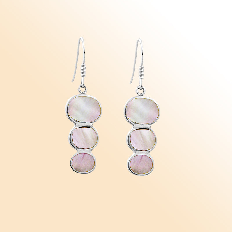 Sterling silver mother of pearl earrings with triple round drop design, handcrafted in Bali
