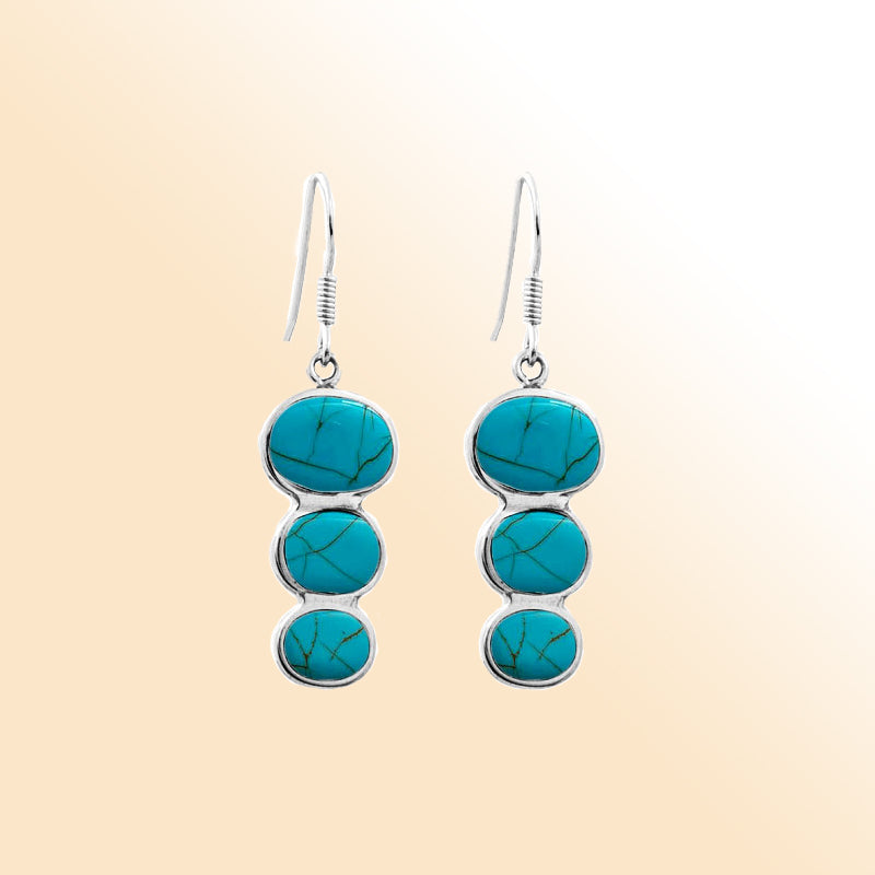 Sterling silver turquoise shell earrings with triple round drop design, handcrafted in Bali