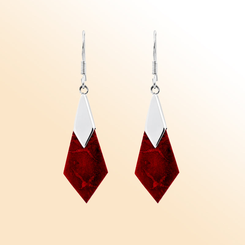 Sterling silver Red Coral drop earrings in a modern geometric design, featuring vibrant red gemstones with sleek silver accents, perfect for everyday wear or special occasions.
