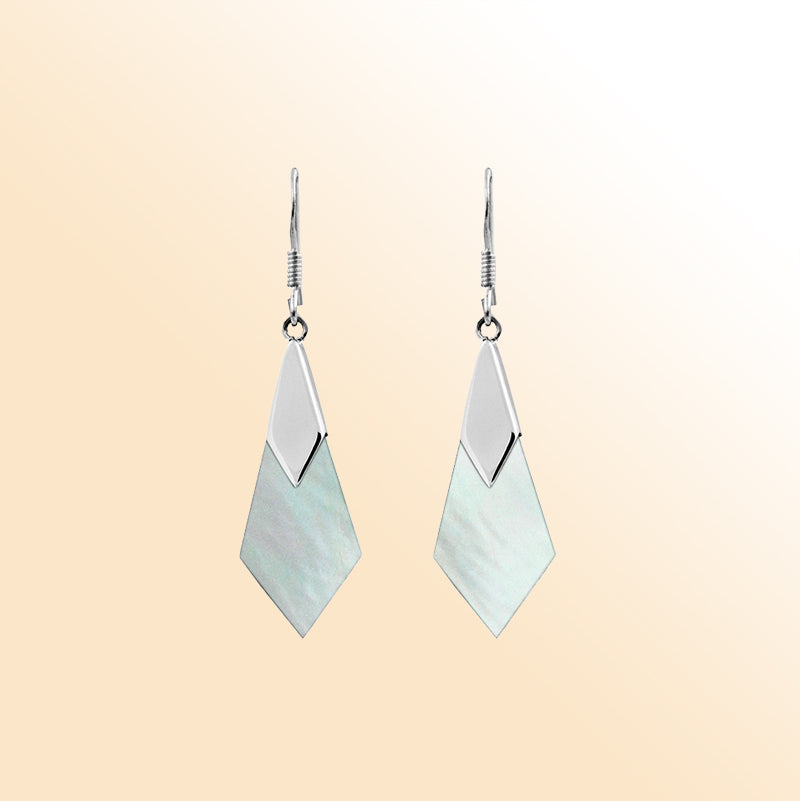 Sterling silver Mother of Pearl drop earrings in a modern geometric design, featuring soft white iridescence with polished silver accents, perfect for elegant everyday wear or special occasions.