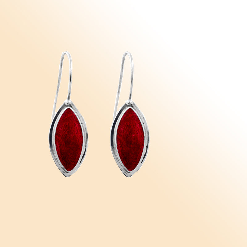 Sterling Silver elegant marquise earrings with Red Coral artisan design