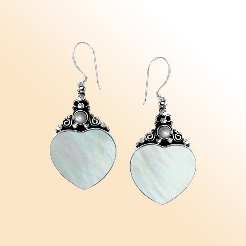 "Sterling silver Mother of Pearl heart earrings with pearl accents and Bali scrollwork for women"