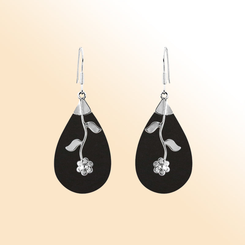 Sterling Silver teardrop earrings with Black Shell handcrafted floral pattern