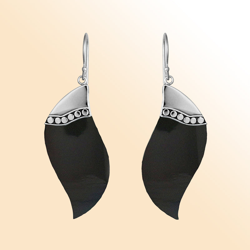 Sterling silver black shell wave earrings with dotted accent for women