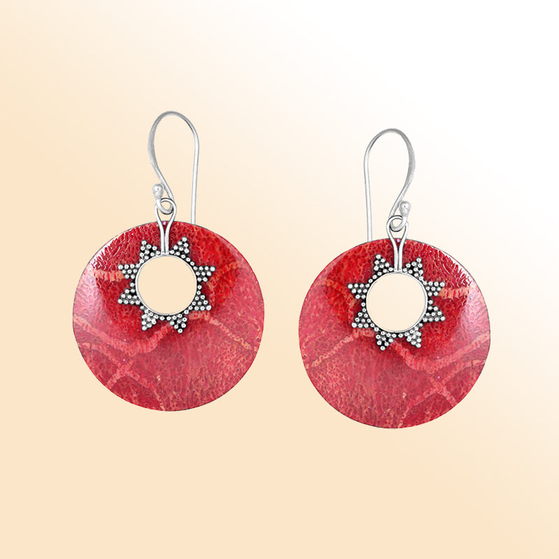 Sterling silver red shell round earrings with sunburst accent for women