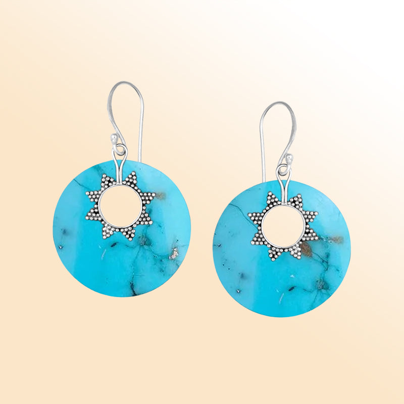 Sterling silver turquoise round earrings with sunburst accent for women