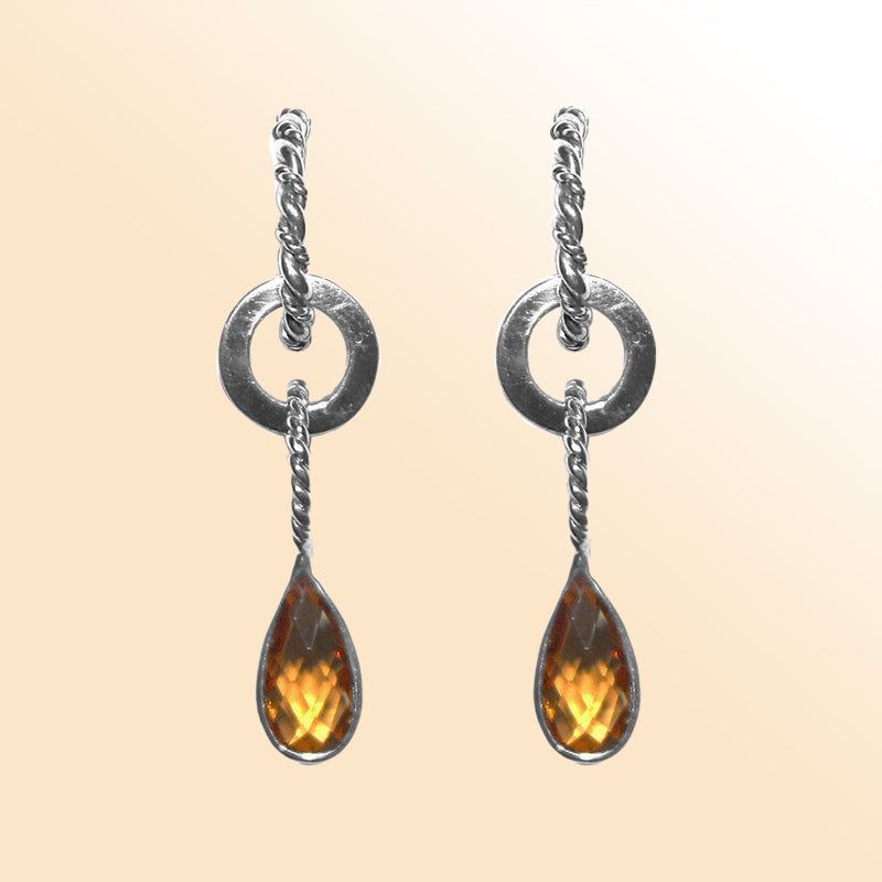 Sterling silver citrine teardrop earrings with twisted hoop design for women