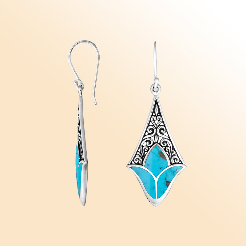 Sterling silver turquoise filigree diamond earrings with ornate silver design for women