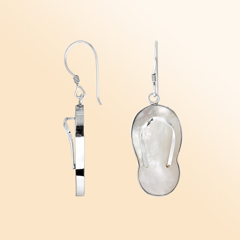 Sterling silver mother of pearl flip flop earrings
Handmade Bali flip flop dangle earrings with shell inlay