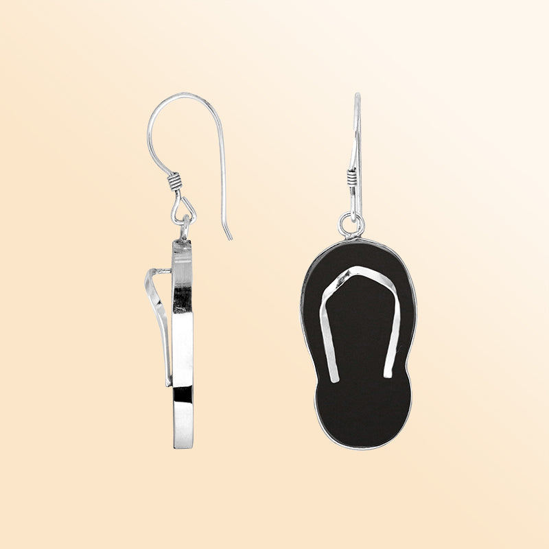 Sterling silver black shell flip flop earrings, handmade tropical summer jewelry