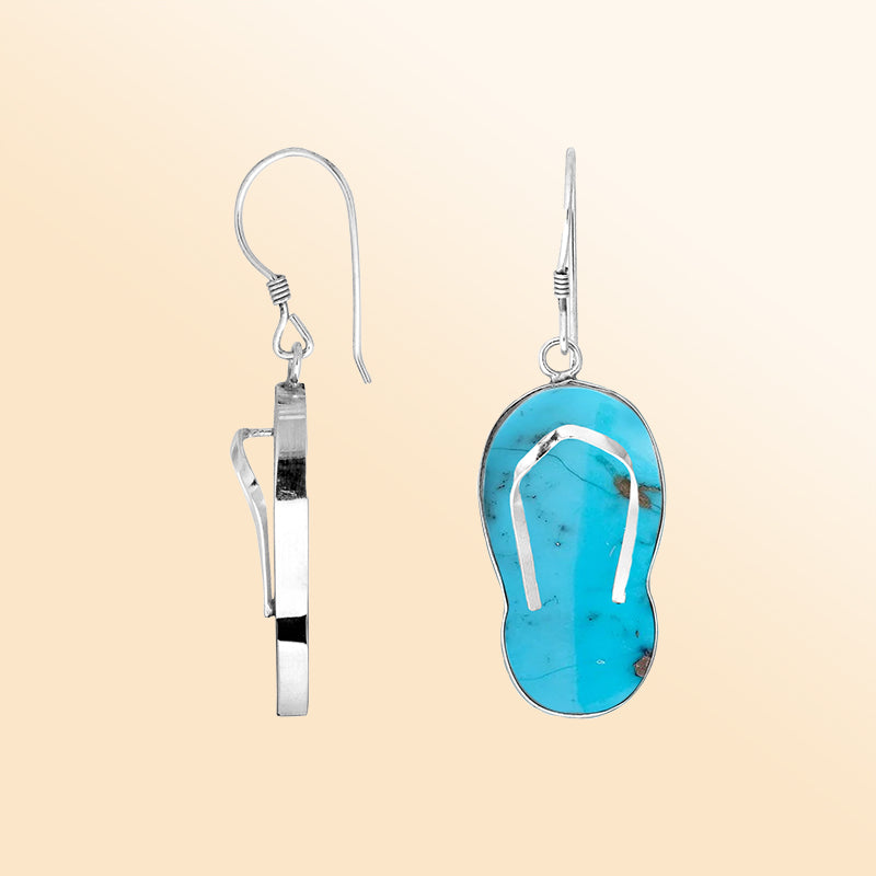 Sterling silver turquoise flip flop earrings for women, handcrafted beach-inspired summer jewelry.