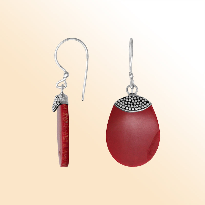 “Sterling silver oval earrings with Coral – handcrafted Bali jewelry with beadwork, bold and elegant gift for her”