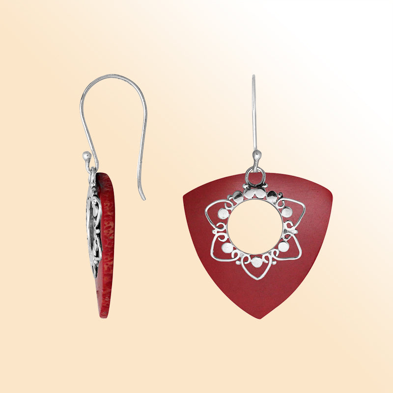 “Sterling silver triangle earrings with Coral – handcrafted Bali jewelry with floral filigree, bold and elegant gift for her”