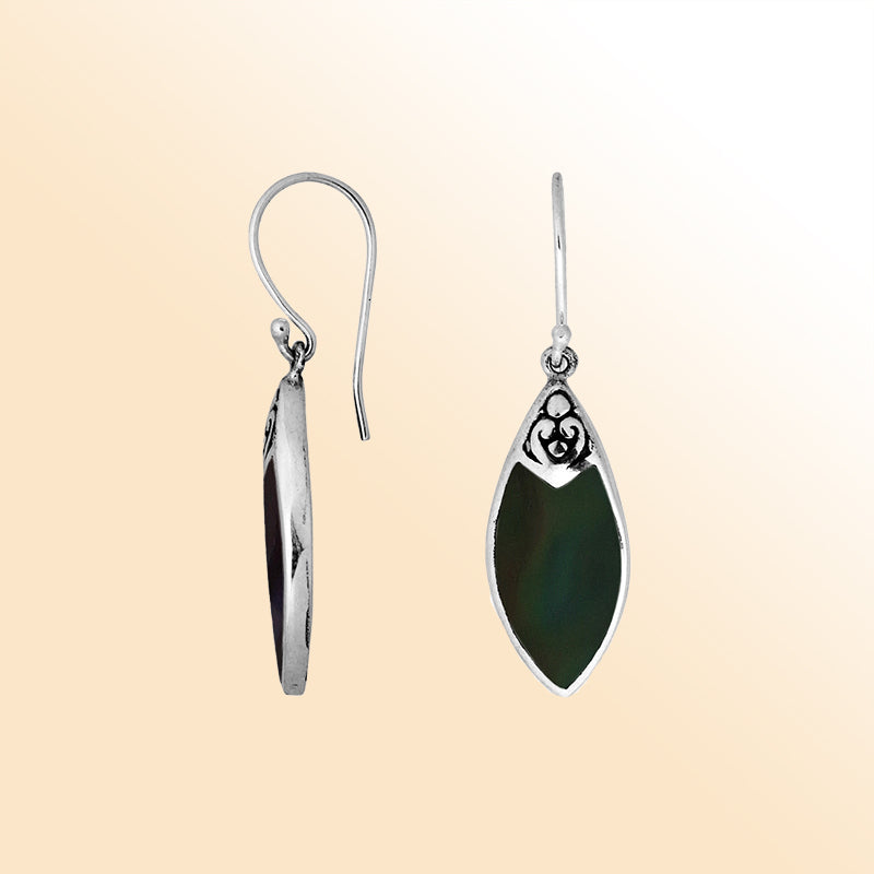 Handcrafted sterling silver marquise drop earrings with shimmering black shell inlay and Balinese scrollwork design