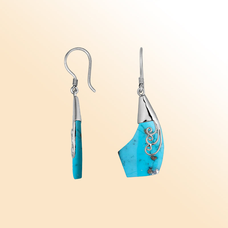 Sterling Silver Turquoise Shell Wave Edge Drop Earrings Handcrafted In Bali