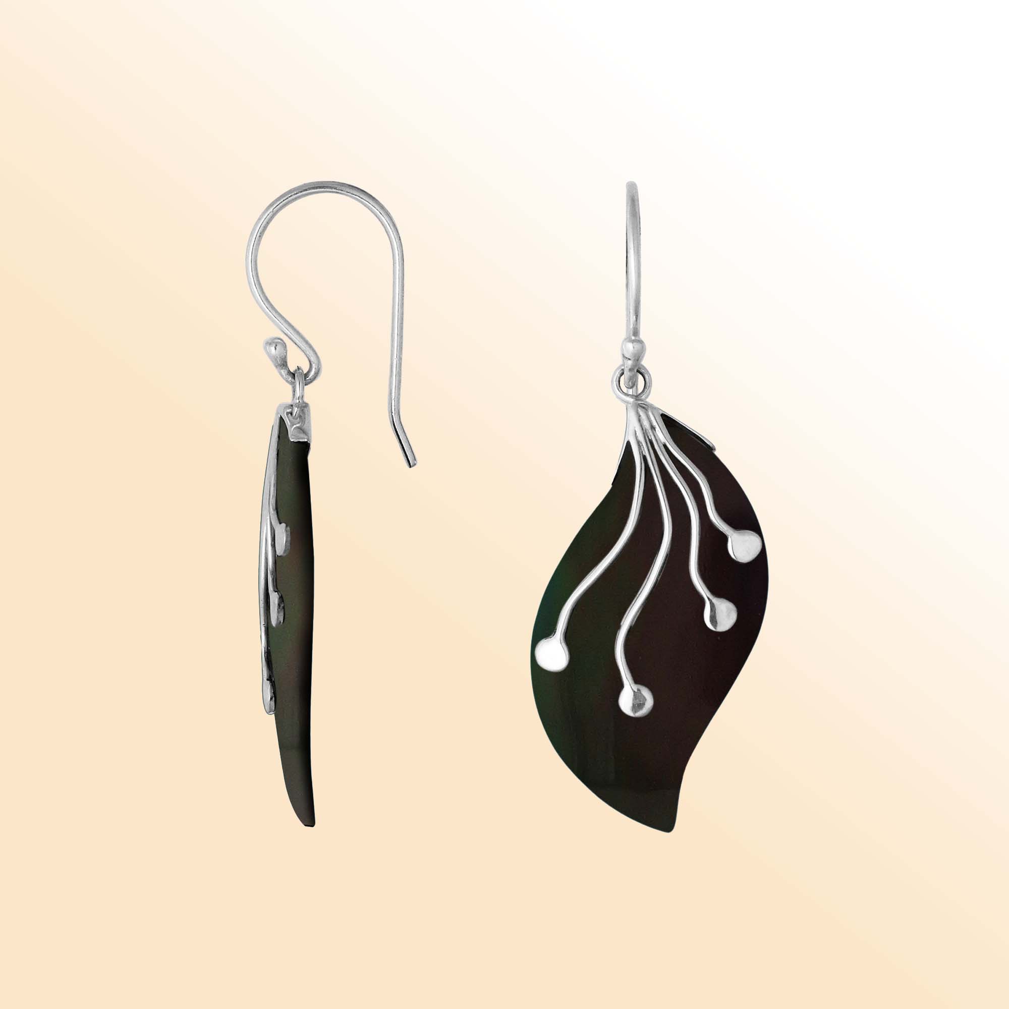 AE-1097-SHB Sterling Silver Leaf Shape Earring With Black Shell Jewelry Bali Designs Inc
