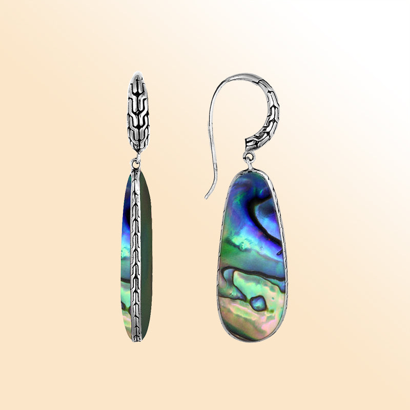 Elegant Sterling Silver Abalone Shell and Black Shell Teardrop Earrings featuring artistic textured border and mirror-polished finish for refined elegance