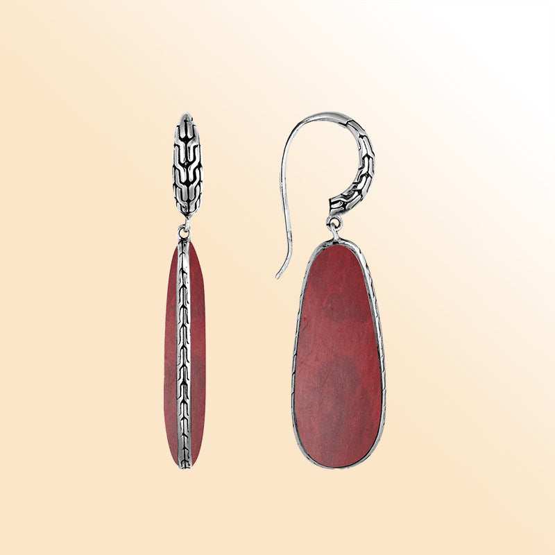 Elegant Sterling Silver Red Coral Shell Teardrop Earrings featuring artistic textured border and mirror-polished finish for bold modern elegance