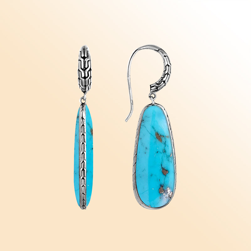Elegant Sterling Silver Turquoise Shell Teardrop Earrings featuring artistic textured border and high-gloss mirror finish for modern elegant styling