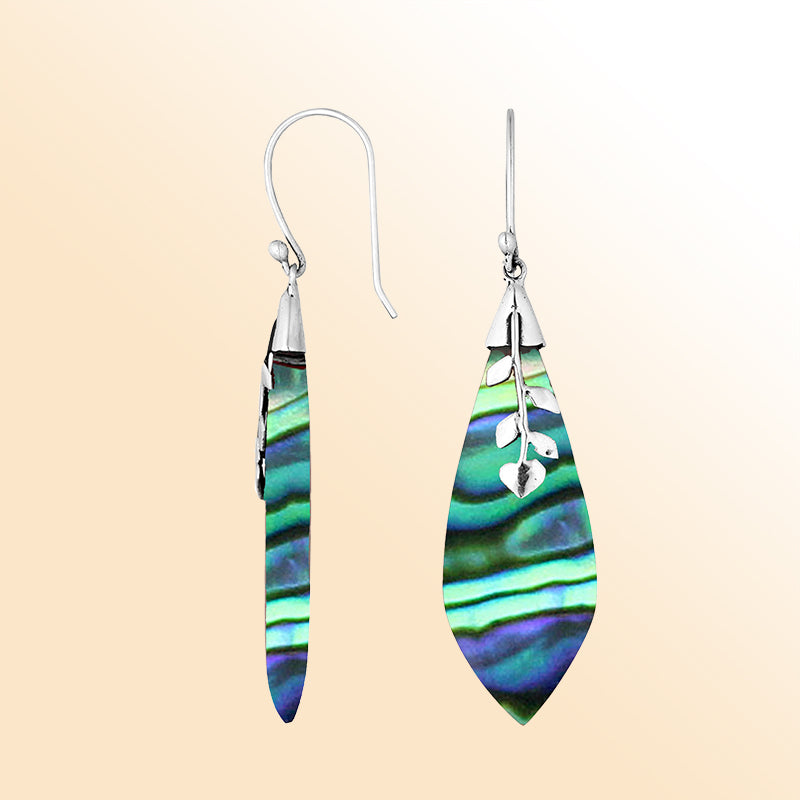 Elegant Sterling Silver Abalone Shell Leaf Earrings featuring silver detailing and iridescent hues with mirror-polished surface for modern elegant style