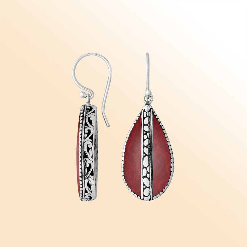 Elegant Red Coral Silver Teardrop Earrings With Earwire Lock