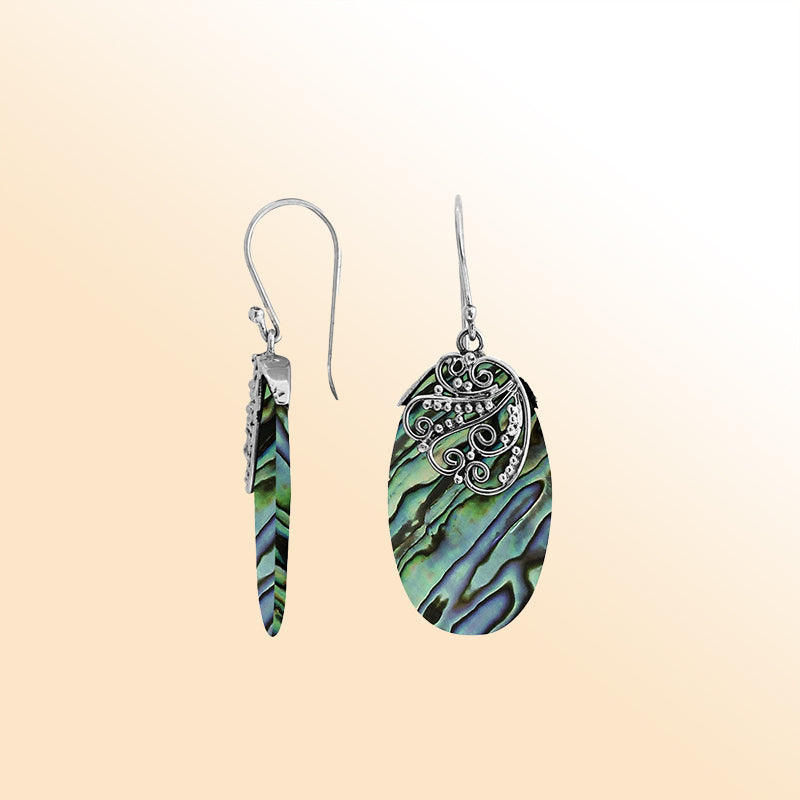 Elegant Abalone Shell Silver Oval Earrings With Earwire Lock