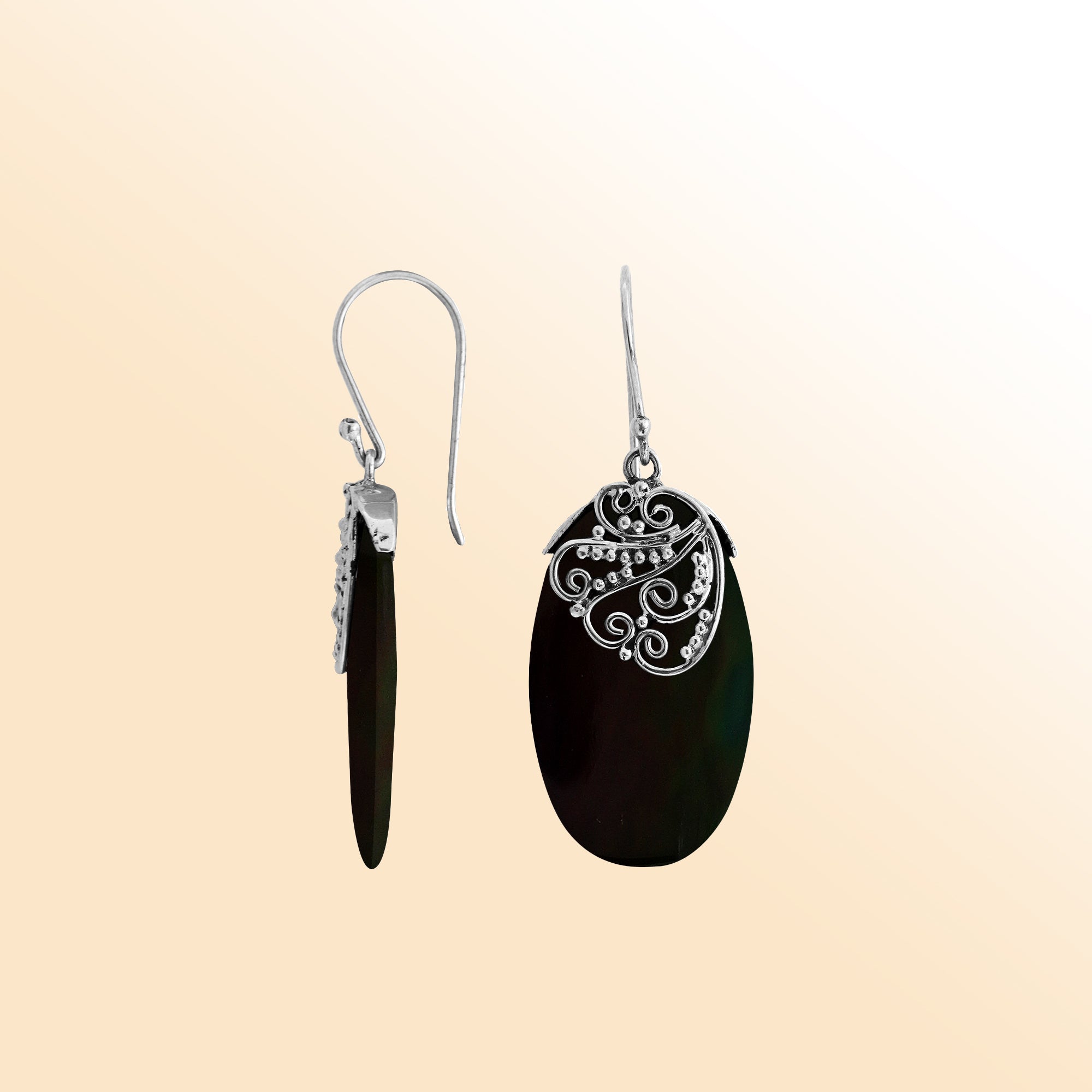 Elegant Black Shell Silver Oval Earrings With Earwire Lock