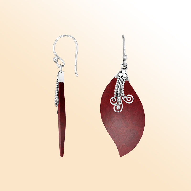 Elegant Red Coral Silver Wave Earrings With Earwire Lock