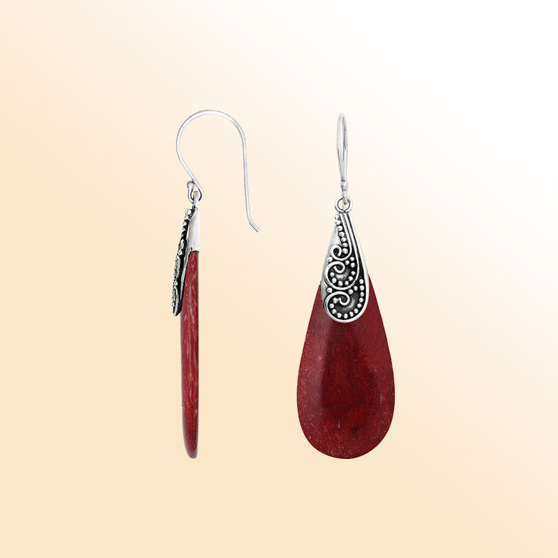 Sterling silver Red Coral drop earrings with earwire
