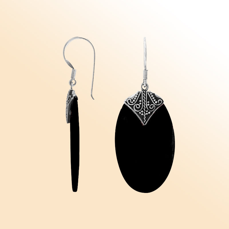 Elegant Black Shell oval earrings with ornate scroll silver detailing and earwire lock