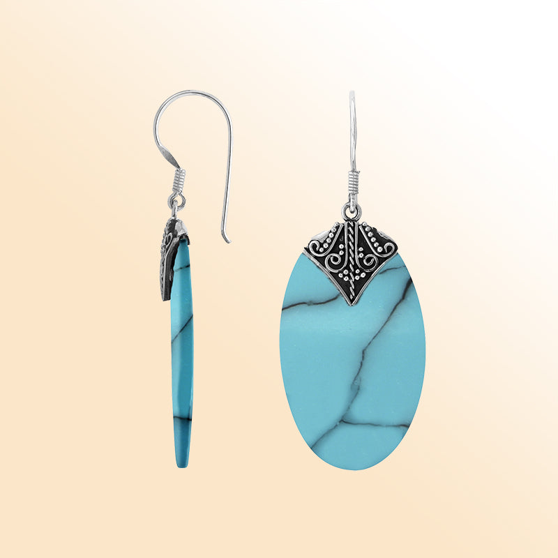 Elegant Turquoise Shell oval earrings with ornate scroll silver detailing and earwire lock
