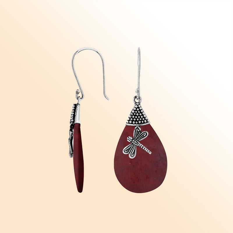 Elegant Red Coral teardrop earrings with dragonfly silver design and earwire lock