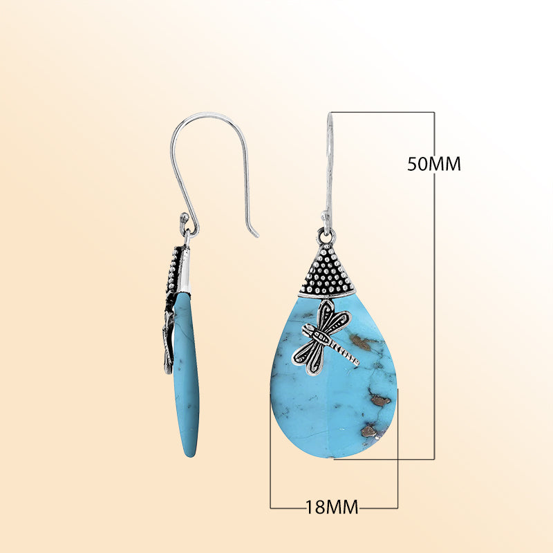 Sterling Silver Turquoise Shell Teardrop Earrings With Dragonfly Charm And Earwire Lock