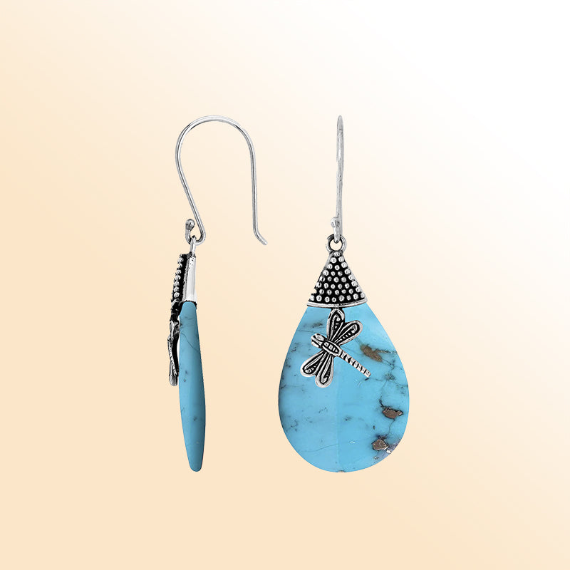 Sterling Silver Turquoise Shell Teardrop Earrings With Dragonfly Charm And Earwire Lock