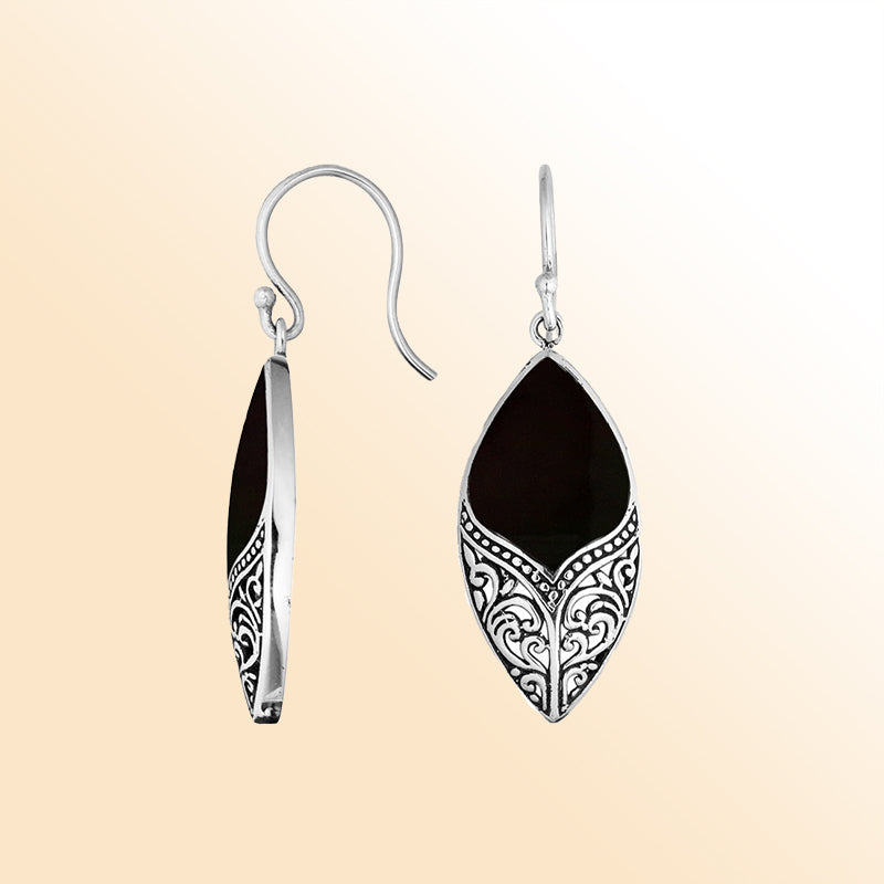 Sterling Silver Black Shell Marquise Earrings With Ornate Silver Design