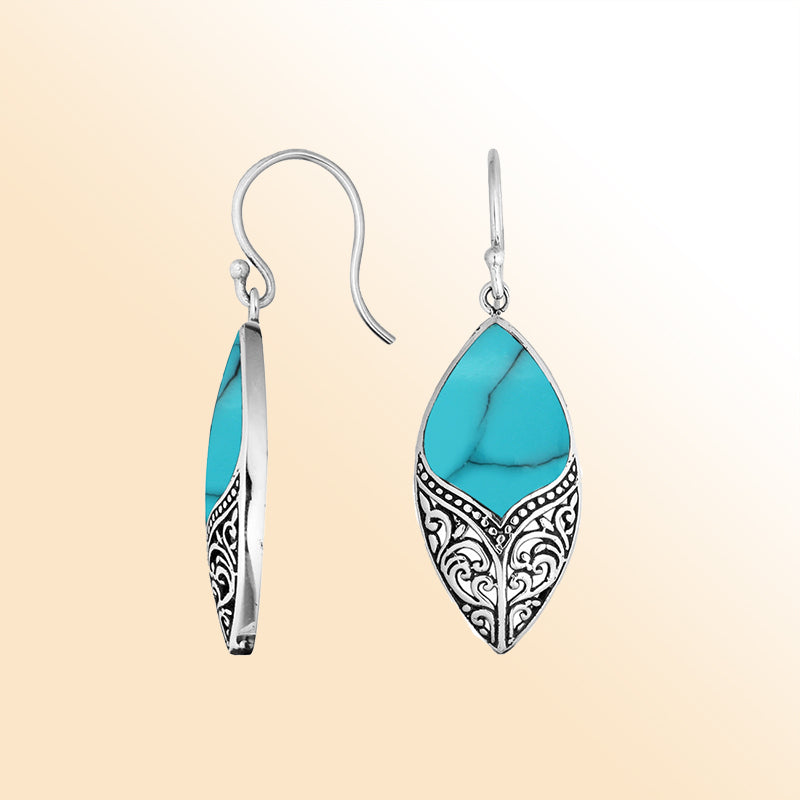 Sterling Silver Turquoise Shell Marquise Earrings With Ornate Silver Design