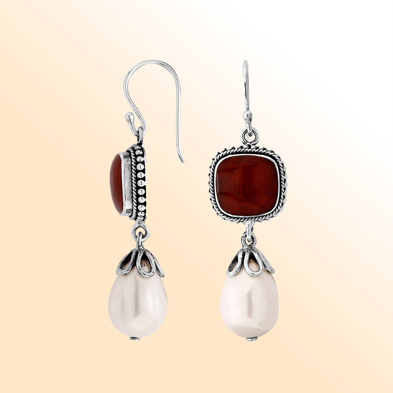 Sterling Silver Red Coral And Shell Pearl Drop Earrings With Ornate Silver Design