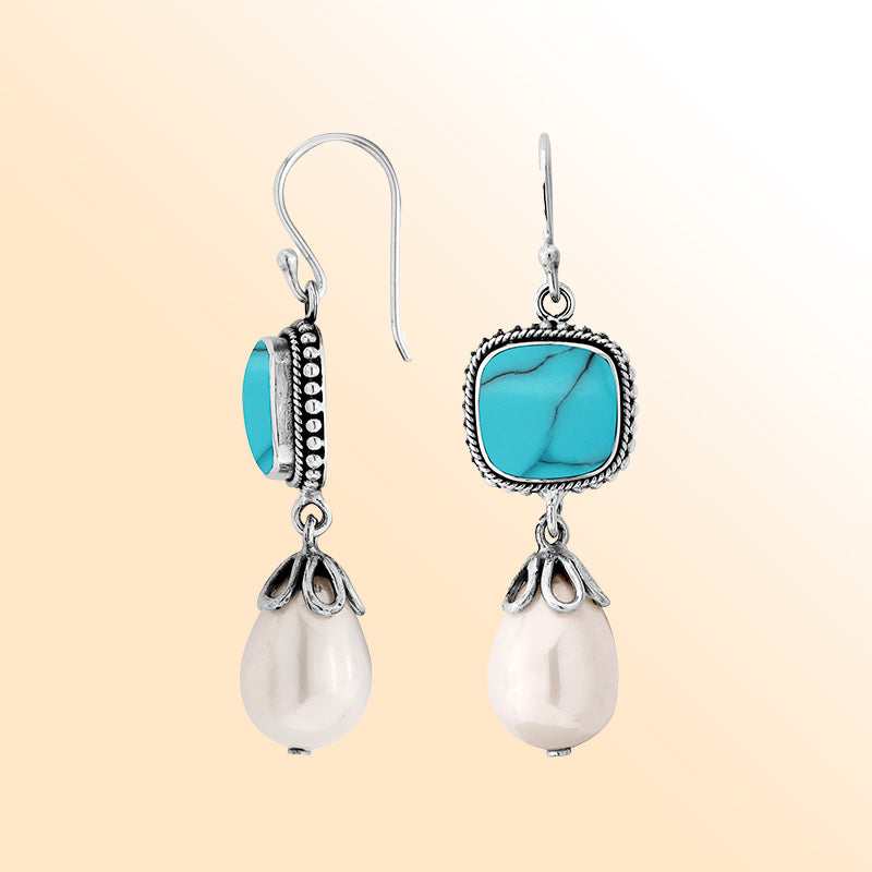 Elegant Sterling Silver Earrings With Turquoise Shell And Shell Pearl
