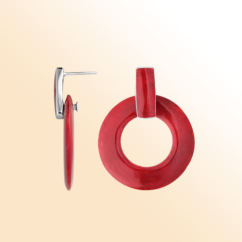 Artistic Red Coral Sterling Silver Round Hoop Push Back Earrings