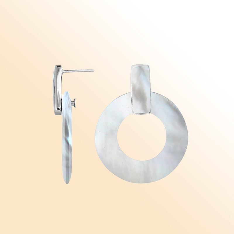 Artistic Mother Of Pearl Sterling Silver Round Hoop Push Back Earrings