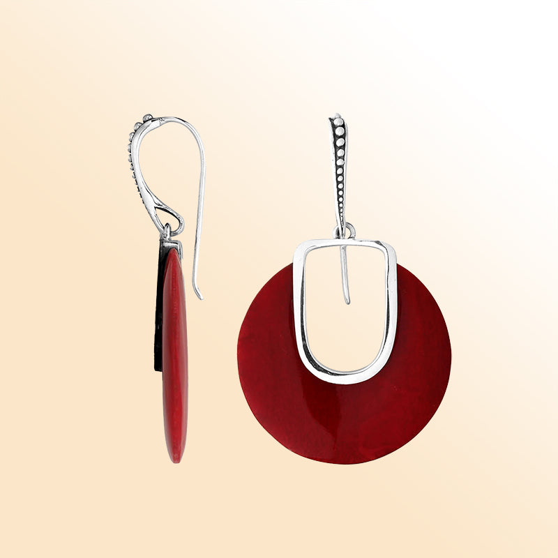 Artistic Red Coral Sterling Silver Round Drop Earwire Earrings