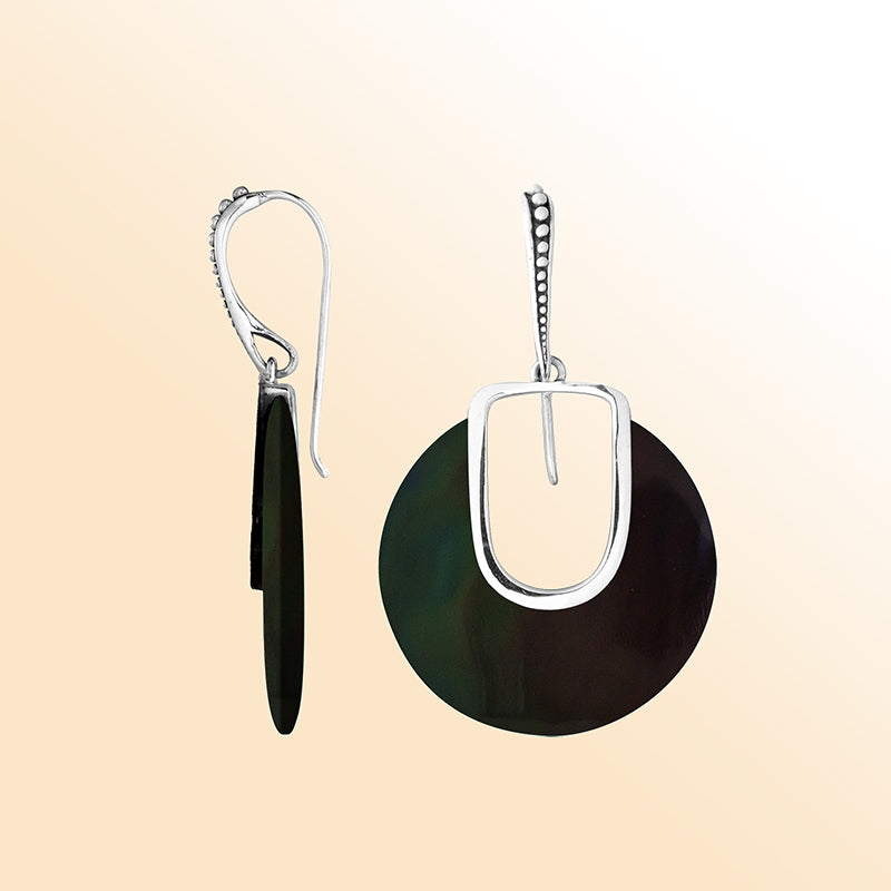 Artistic Black Shell Sterling Silver Round Drop Earwire Earrings