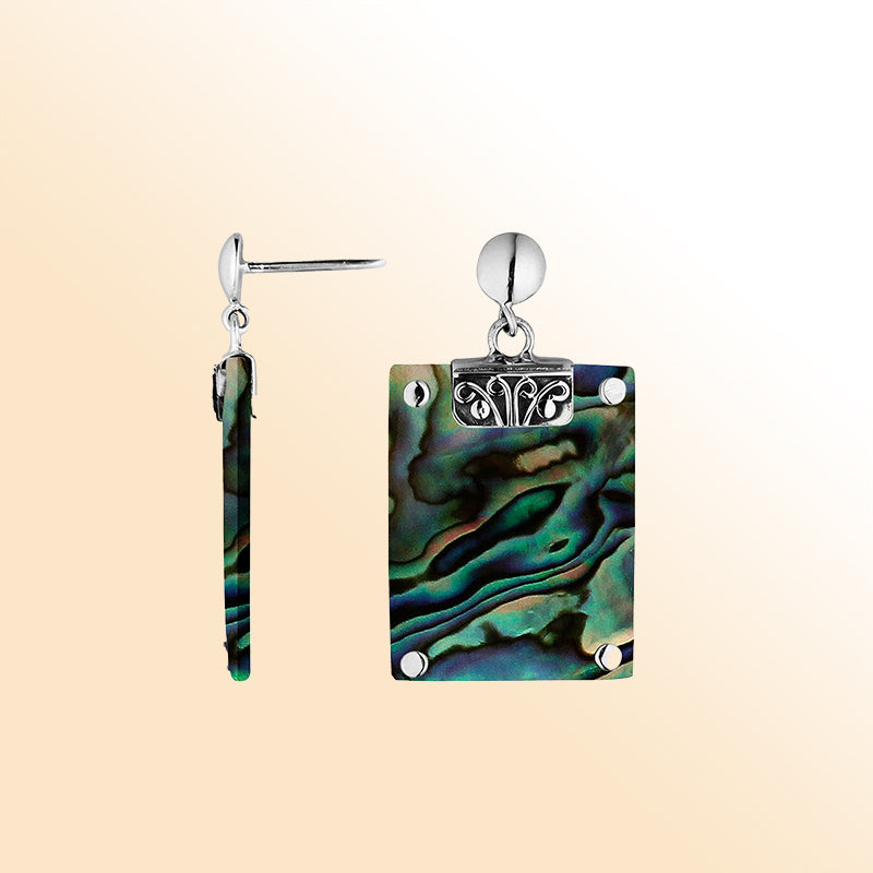 Artistic Abalone Shell Sterling Silver Rectangular Drop Push Back Earrings