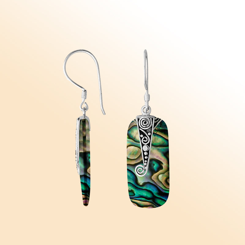 Elegant Silver Abalone Shell Earrings With Spiral Filigree