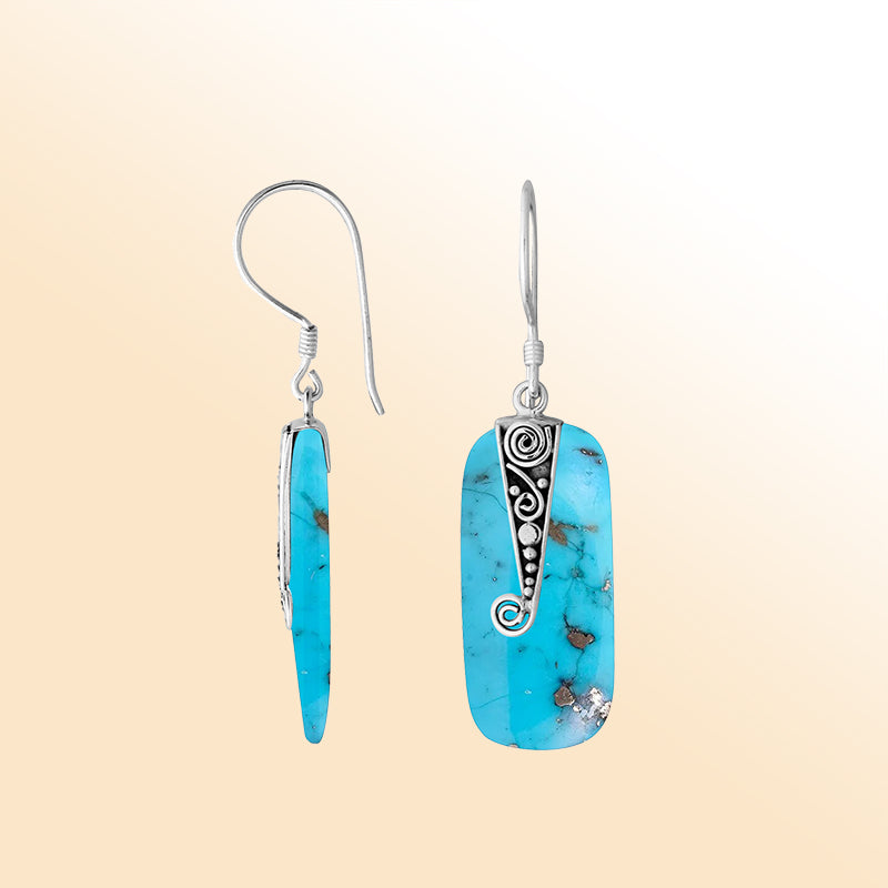 Elegant Silver Turquoise Shell Earrings With Spiral Filigree