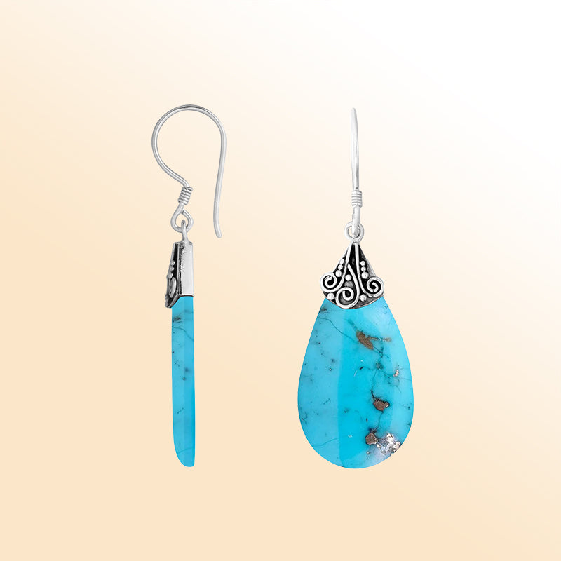 Elegant Silver Turquoise Shell Teardrop Earrings With Filigree