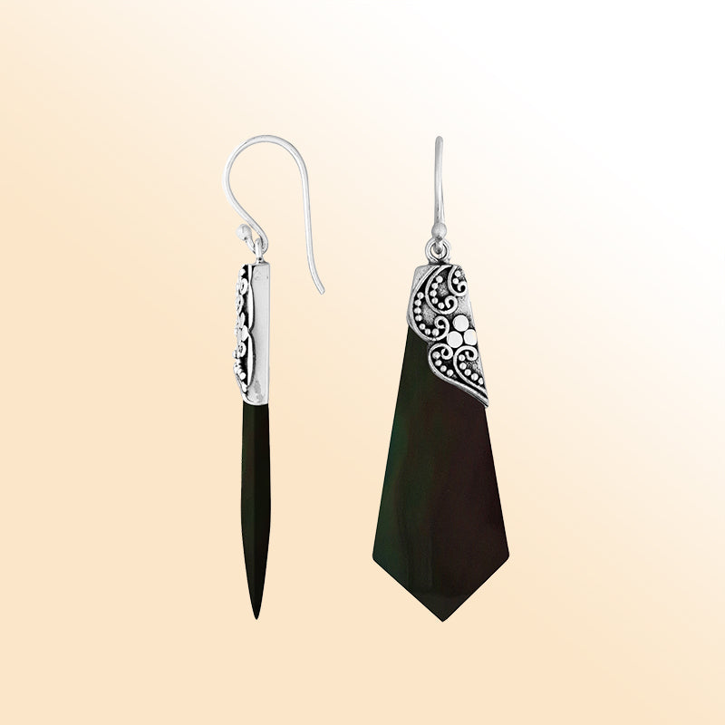 Elegant Silver Black Shell Earrings With Geometric Filigree Design