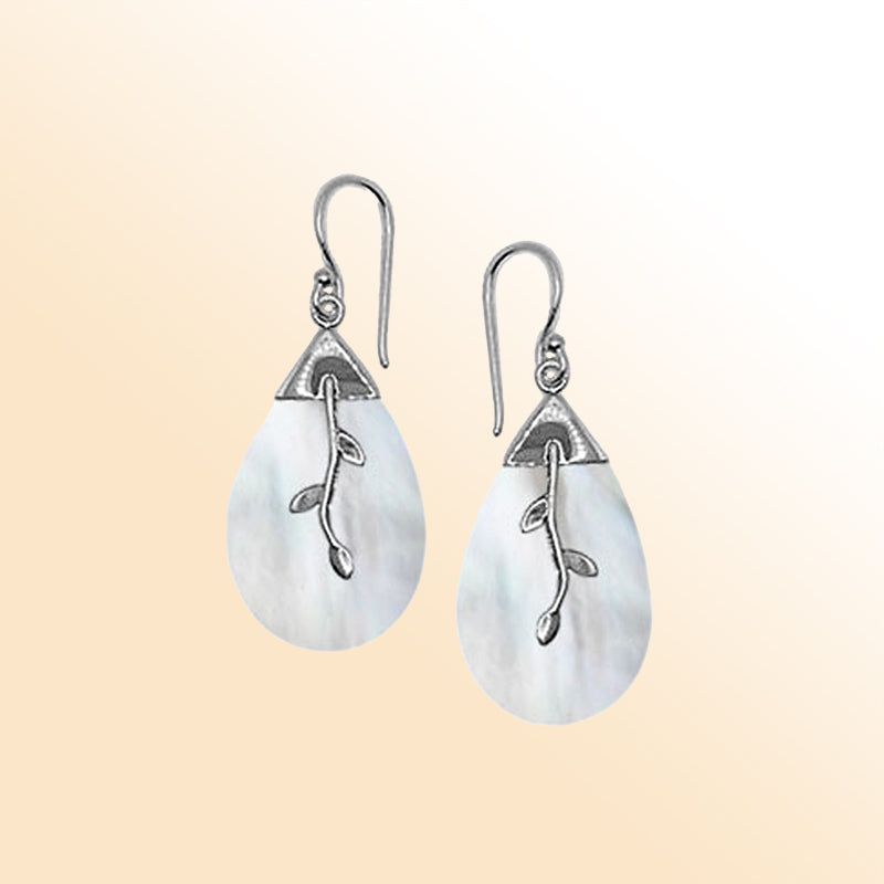 Silver Mother Of Pearl Leaf Accent Teardrop Earrings